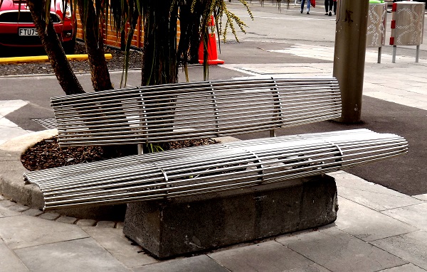 A futuristic steel bench in downtown Christchurch