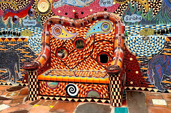 A mosaic bench from The Chapel of Jimmy Ray outside San Miguel de Allende