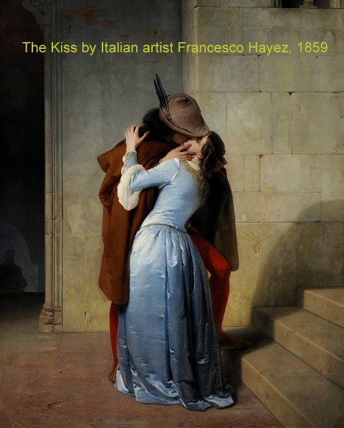 The Kiss by Francesco Hayez, 1859. It is displayed in The Pinacoteca di Brera, the main public gallery for paintings in Milan, Italy.