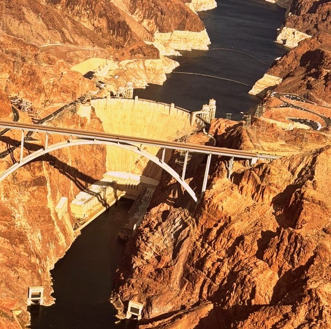 Not an AI generated photo but an actual aerial view of Hoover Dam